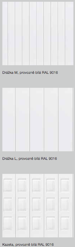 K výrobě bočních sekčních vrata jsou používány sekce s povrchovou úpravou woodgrain, sandgrain, micrograin, silkgrain a decograin. Sekce jsou standardně vyráběny v barvě RAL 9016.