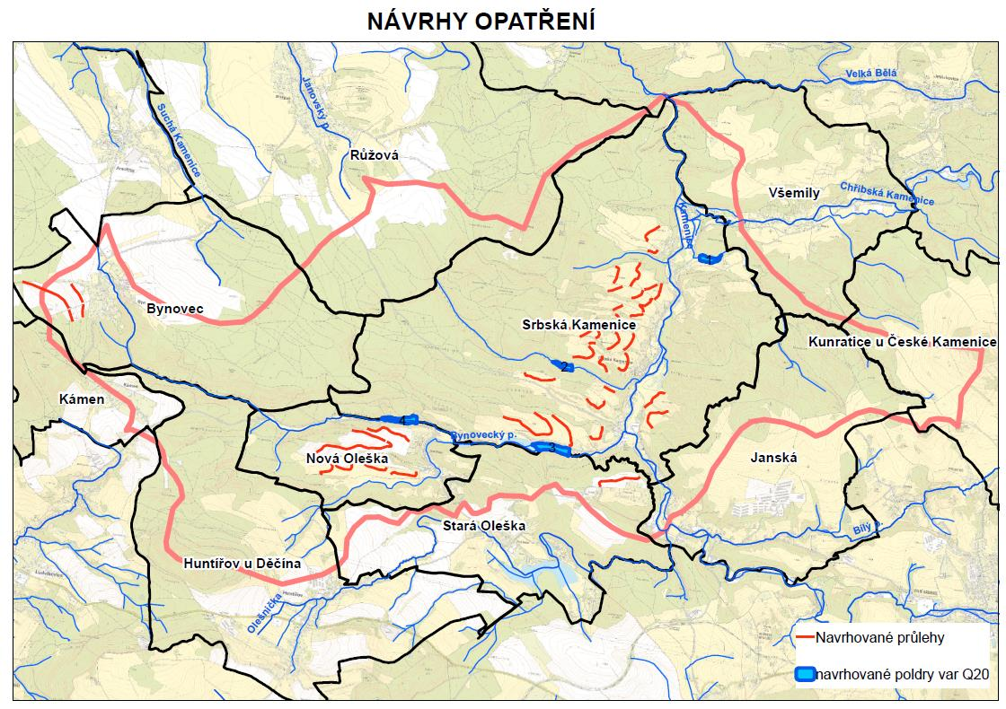 Která ve shrnutí navrhuje tyto opatření: Z průvodní zprávy - stručný přehled navržených opatření: Souhrn návrhu opatření Pro zachycení přívalových povodní byly na přítocích řeky Kamenice navrženy 4