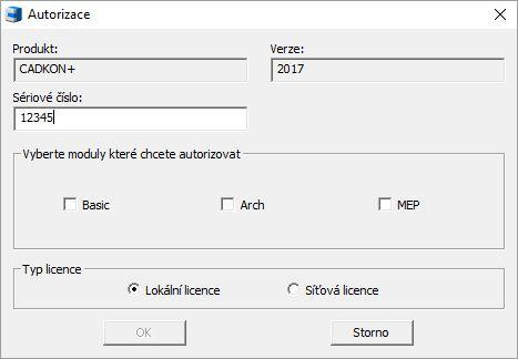 4. Po zaškrtnutí produktu CADKON+ verze 2017 se zobrazí okno, kde zadejte sériové číslo zakoupeného produktu a vyberte produkty, které na toto sériové číslo máte zakoupeny a které chcete autorizovat.