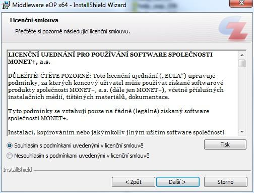 3. Průběh instalace Uvítací obrazovka - Pro pokračování v instalaci klikněte na tlačítko Další > Obrázek 1: Uvítací obrazovka Licenční smlouva - Aby bylo možno v