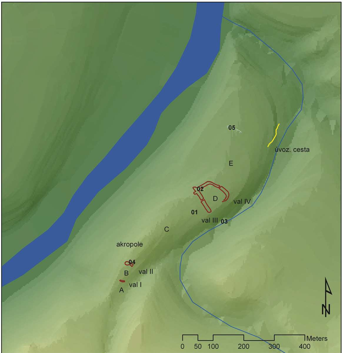 Opomíjená archeologie 2007 2008 Obr. 3. Branov Na propadeném zámku (okr. Rakovník). Digitální model terénu ostrožny a okolí s vyznačením valů, ploch, sond a dalších částí zkoumané lokality Fig. 3. Branov Na propadeném zámku (Rakovník District).