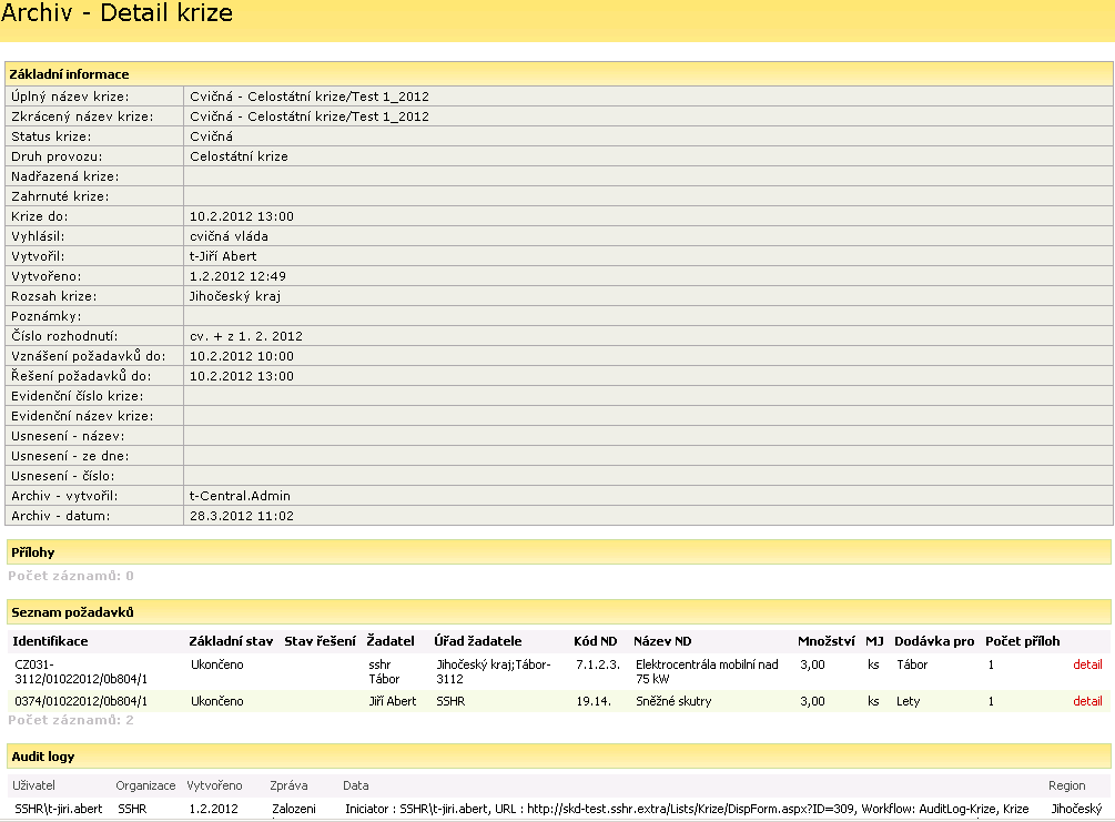 Pomocí tlačítka Seznam neaktivních krizí k archivaci může pouze osoba s rolí CentralAdmin provést archivaci krize (viz provozní dokumentace kapitola 5.2).