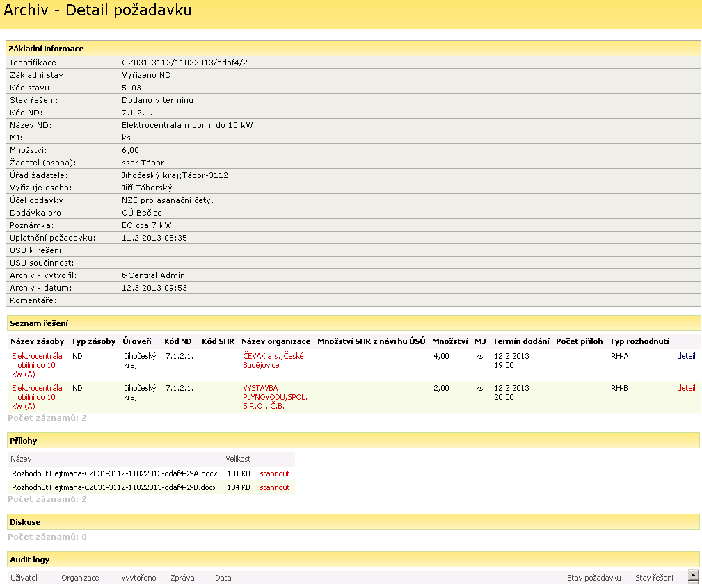 Položky Název zásoby a Název organizace po kliknutí na odkaz zobrazí podrobnosti z databáze archivu.