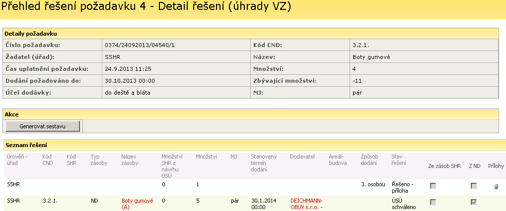 Zobrazí se seznam řešení dle kritérií. Pro vytvoření sestavy v MS Excel klikněte na Generovat sestavu.