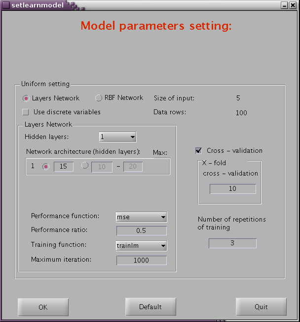1 0 K nastavení parametrů modelu slouží uživatelský dialog setlearnmodel, který můžeme vidět na obrázku 5.3.