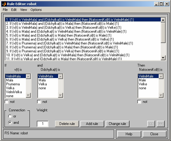 Příklad: Nadefinujte pravidlo: Je-li rychlost velmi velká nebo odchylka velmi malá, bude natočení kol velmi malé. Váhu pravidla nastavte na 0,5.