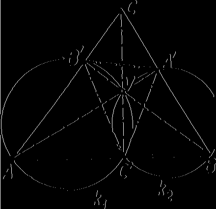 Podobně o obvodových úhlech v kružnici k2 platí 90 y = < CBB' = < A'BV = < A'C'V. Z toho vidíme, že výška CC' je osou (vnitřního) úhlu B'C'A' ortického trojúhelníka.