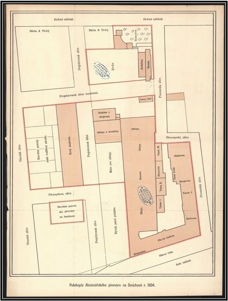 Obrázek 1: Polohopis Akciového pivovaru na Smíchově r. 1894 Pramen: Hejtmánek Fr.: Akcionářský pivovar na Smíchově Praha 1894.
