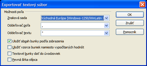 Obrázok 8: Dialógové okno Potvrdiť formát súboru Obrázok 9: Dialógové okno Exportovať textový súbor na ukladanie CSV súborov Tip Ak chceme, aby Calc vždy ukladal dokumenty do iného ako predvoleného