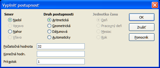 Obrázok 26: Dialógové okno Vyplniť postupnosť Smer určuje smer vytvárania postupnosti.