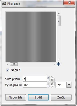 Přejdeme na Filtry Rozostření Pixelizovat. Šířku nastavíme na 5px.