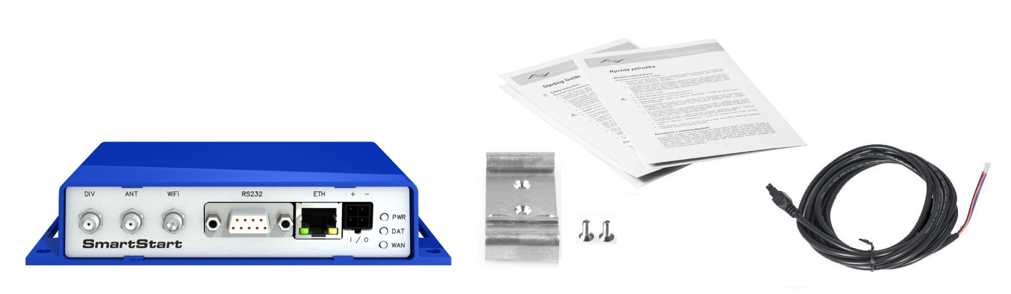 4. Obsah balení Základní příslušenství tohoto routeru obsahuje: router, napájecí a IO kabel dlouhý 1,5 m, držák na DIN lištu (součástí jsou dva šroubky pro upevnění), tištěný rychlý průvodce.