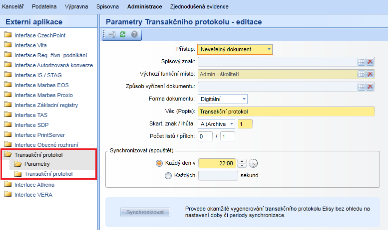 V modulu Administrace/ Externí aplikace, přibyla podsekce Transakční protokol, která je rozdělena na záložky Parametry a Transakční protokol : Parametry: Parametry nastavení pro automatické založení