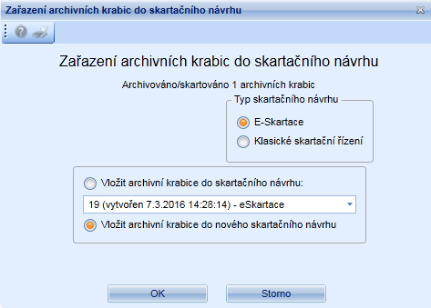 V oblasti Typ skartačního návrhu je potřeba označit typ skartačního návrhu: E-Skartace Klasické skartační řízení Po označení typu skartačního řízení je potřeba zvolit, zda archivní krabice budou