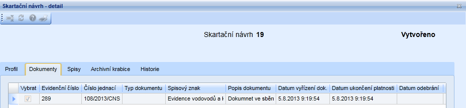 Na záložce Profil jsou zobrazeny tyto položky: Číslo číslo návrhu/ protokolu Vytvořeno datum vytvoření návrhu chceckbox eskartace - (pokud je checkbox zaškrtnutý, jde o skartační řízení vedené podle