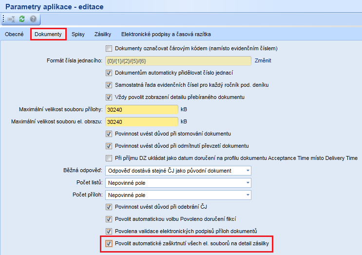 Pokud je checkbox zaškrtnutý, tak při vytvoření/ vytváření zásilky se způsobem odeslání Datová schránka, nebo způsob odeslání, na jehož detailu (v modulu Administrace/ Číselníky/ Způsoby odeslání) je