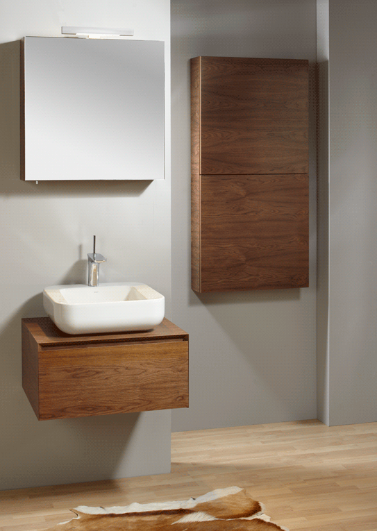 Spaces, dýha ořech, umyvadlo Kolo Cocktail / Spaces, walnut veneer, Kolo Cocktail washbasin Spaces, dýha macassar, umyvadlo Azzurra Square / Spaces, macassar veneer, Azzurra Square washbasin Spaces,