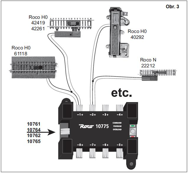 DCC osmicestný výhybkový dekodér ROCO 10775 Tímto výhybkovým modulem můžeme digitálně ovládat všechny elektrické přestavníky, relé, nebo návěstidla s, nebo bez, koncových spínačů a stejně tak i