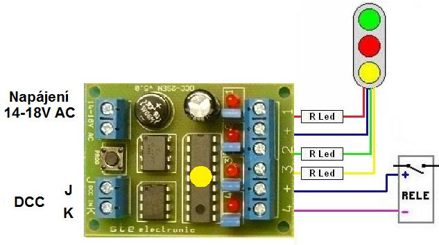 Relé (12VDC) sepne, když svítí na semaforu červená.