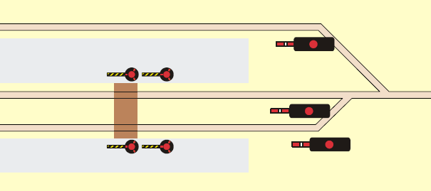 Světelná signalizace u přechodu Světelná signalizace červeným zábleskovým světlem u centrálního přechodu pro přístup cestujících na poloostrovní nástupiště na sloupku se