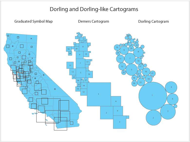 Dorling cartograms Tuto variantu anamorfované mapy vytvořil Danny Dorling z University of Leeds Dva typy anamorfózy zároveň plošná a value-by-area Jedná se převážně o nespojité mapy, které