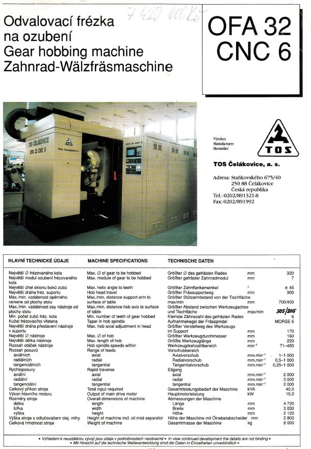 PŘÍLOHA 25 Technická data o frézce CNC OFA 32 CNC. Zdroj: PSP