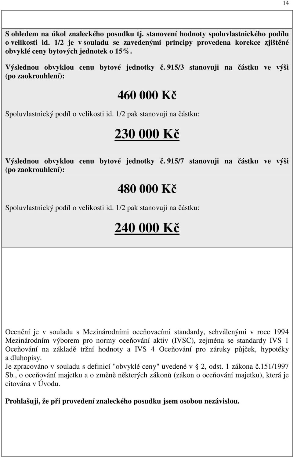 915/3 stanovuji na částku ve výši (po zaokrouhlení): 460 000 Kč Spoluvlastnický podíl o velikosti id. 1/2 pak stanovuji na částku: 230 000 Kč Výslednou obvyklou cenu bytové jednotky č.