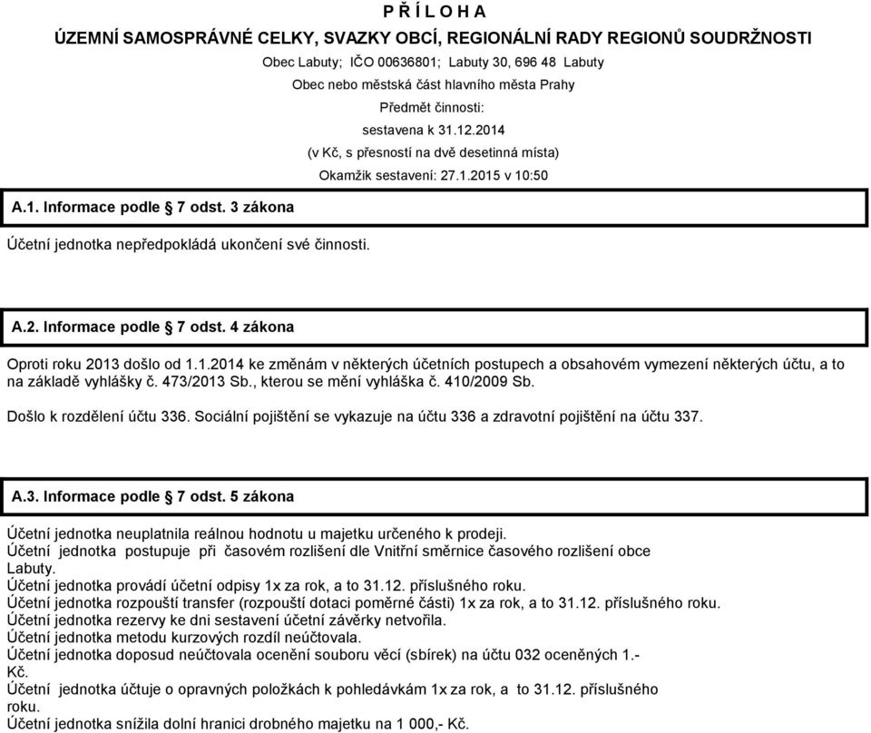 3 zákona Účetní jednotka nepředpokládá ukončení své činnosti. A.2. Informace podle 7 odst. 4 zákona Oproti roku 2013