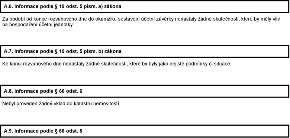 které by měly vliv na hospodaření účetní jednotky A.7. Informace podle 19 odst. 5 písm.
