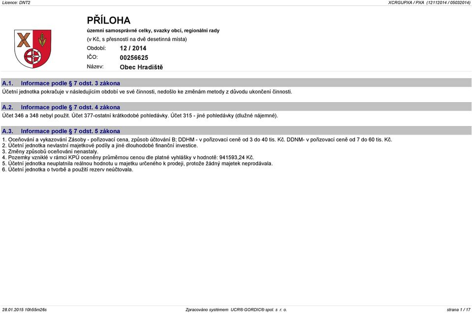 4 zákona Účet 346 a 348 nebyl použit. Účet 377-ostatní krátkodobé pohledávky. Účet 315 - jiné pohledávky (dlužné nájemné). A.3. Informace podle 7 odst. 5 zákona 1.