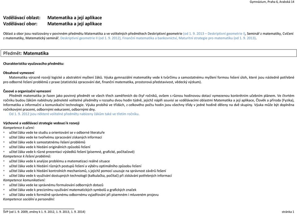 9. 2013). Předmět: Matematika Charakteristika vyučovacího předmětu: Obsahové vymezení Matematika výrazně rozvíjí logické a abstraktní myšlení žáků.