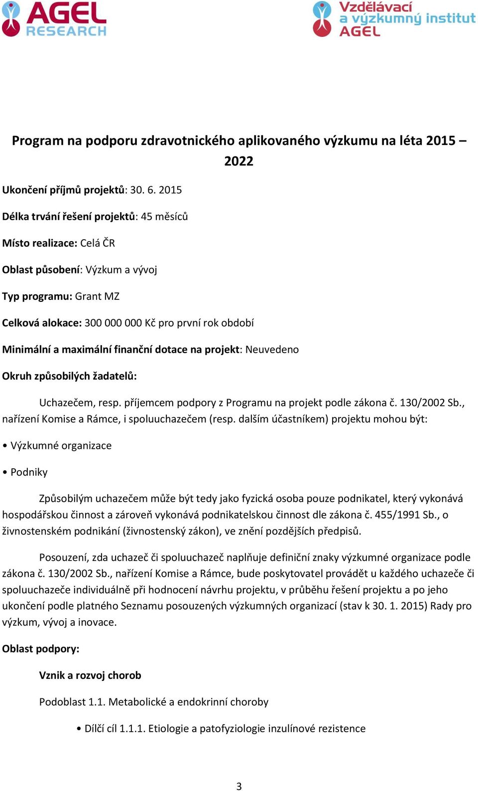 finanční dotace na projekt: Neuvedeno Okruh způsobilých žadatelů: Uchazečem, resp. příjemcem podpory z Programu na projekt podle zákona č. 130/2002 Sb.