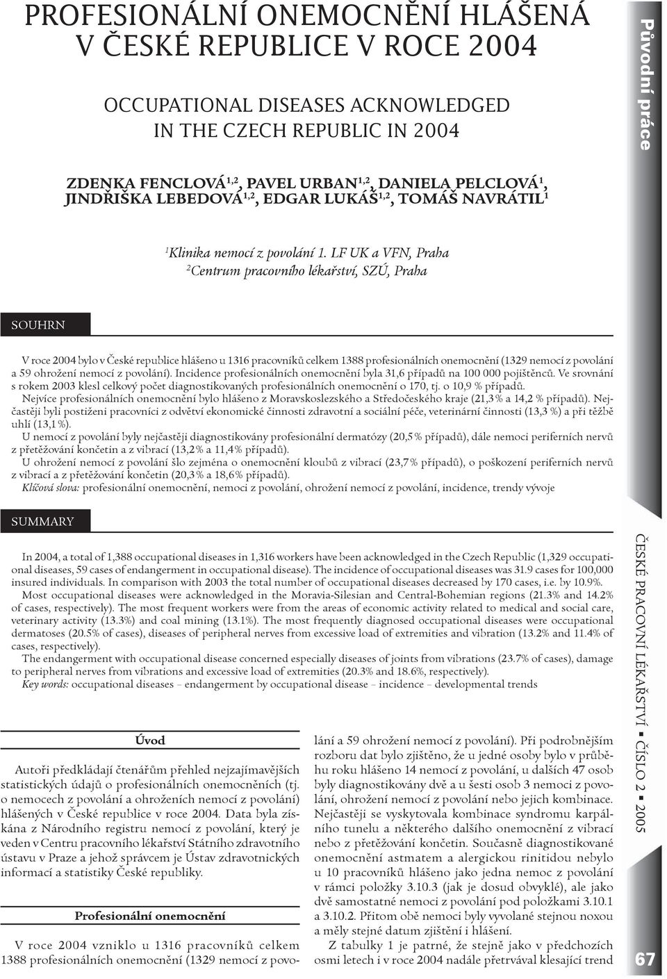 LF UK a VFN, Praha 2 Centrum pracovního lékaøství, SZÚ, Praha SOUHRN V roce 2004 bylo v Èeské republice hlášeno u 1316 pracovníkù celkem 1388 profesionálních onemocnìní (1329 nemocí z povolání a 59