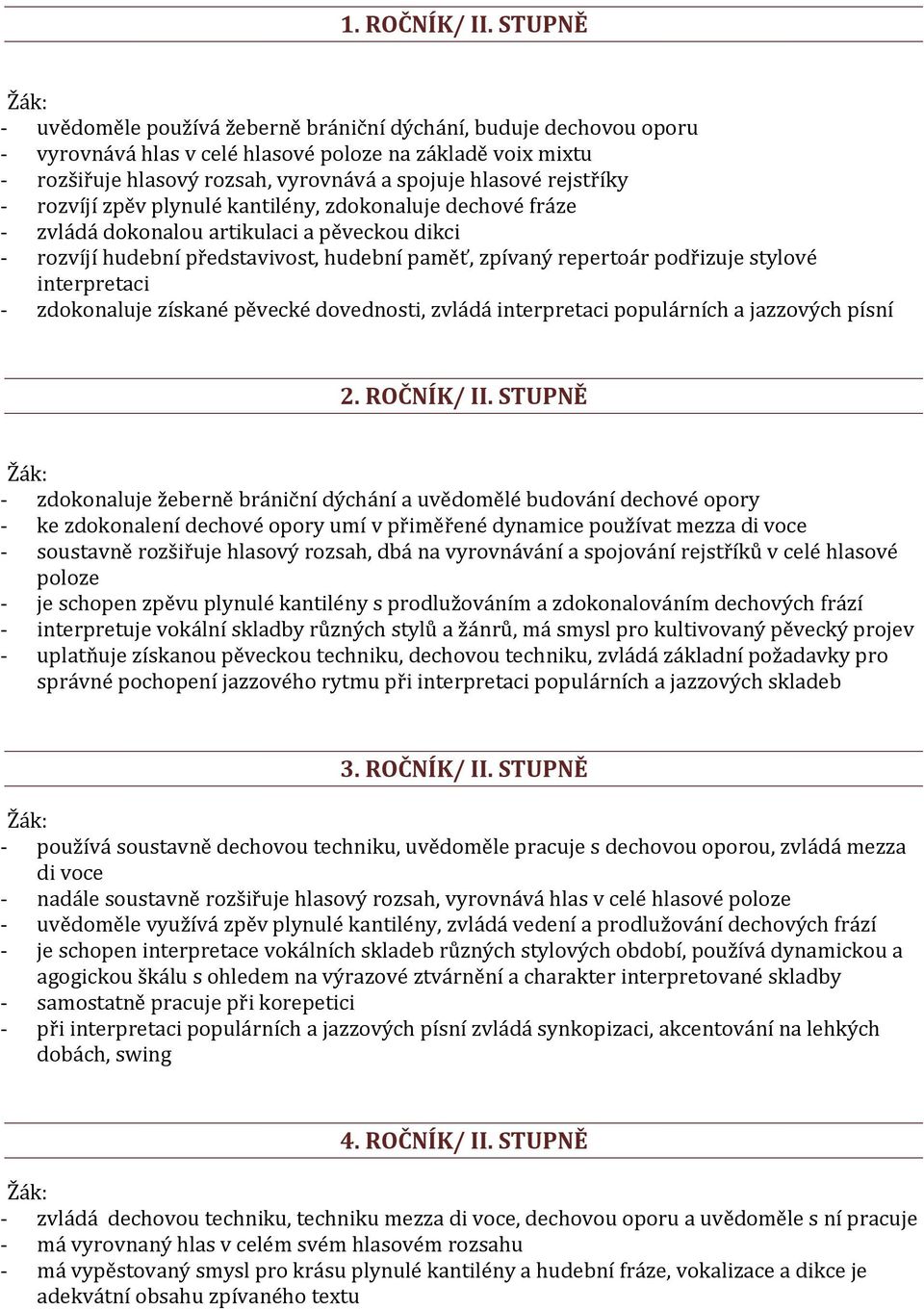 rejstříky - rozvíjí zpěv plynulé kantilény, zdokonaluje dechové fráze - zvládá dokonalou artikulaci a pěveckou dikci - rozvíjí hudební představivost, hudební paměť, zpívaný repertoár podřizuje