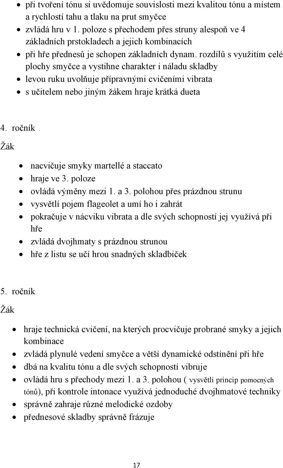 rozdílů s využitím celé plochy smyčce a vystihne charakter i náladu skladby levou ruku uvolňuje přípravnými cvičeními vibrata s učitelem nebo jiným žákem hraje krátká dueta 4.