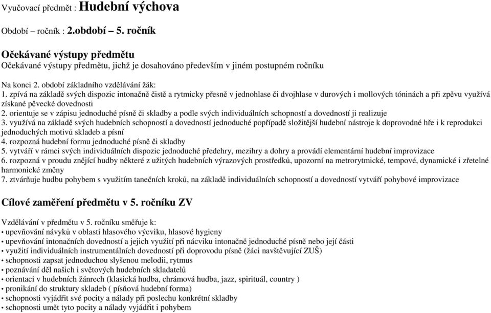 zpívá na základě svých dispozic intonačně čistě a rytmicky přesně v jednohlase či dvojhlase v durových i mollových tóninách a při zpěvu využívá získané pěvecké dovednosti 2.