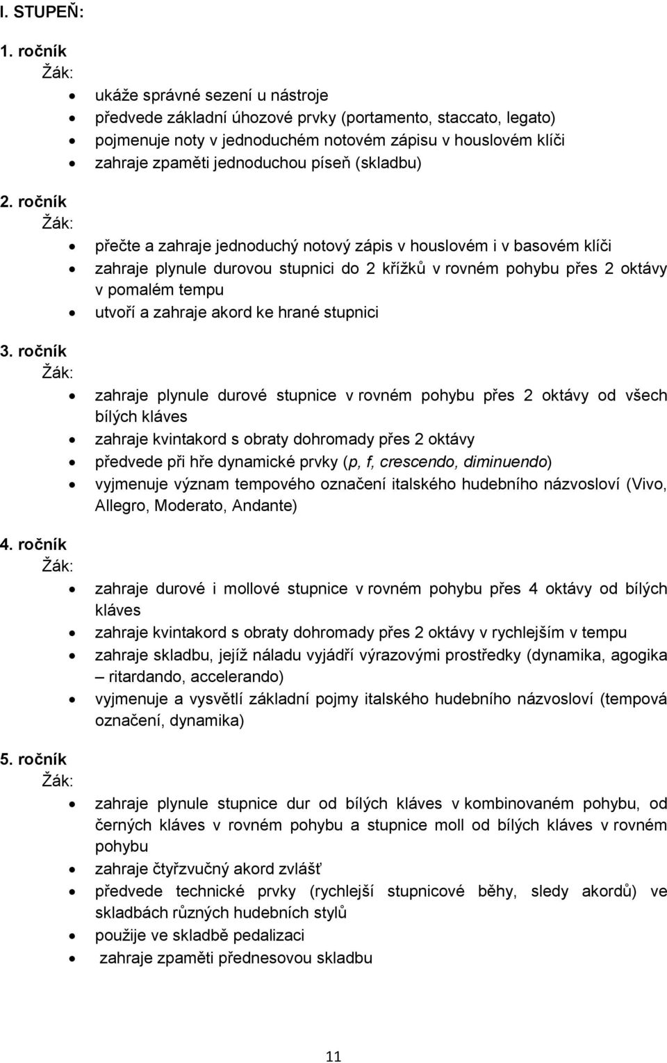 (skladbu) přečte a zahraje jednoduchý notový zápis v houslovém i v basovém klíči zahraje plynule durovou stupnici do 2 křížků v rovném pohybu přes 2 oktávy v pomalém tempu utvoří a zahraje akord ke