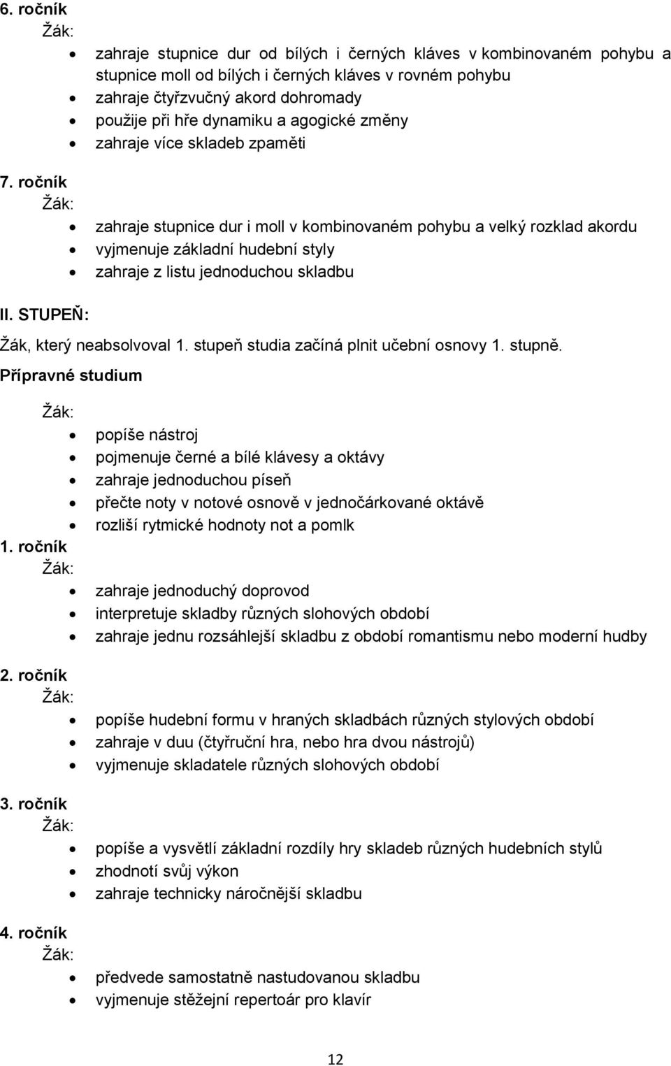 agogické změny zahraje více skladeb zpaměti zahraje stupnice dur i moll v kombinovaném pohybu a velký rozklad akordu vyjmenuje základní hudební styly zahraje z listu jednoduchou skladbu II.