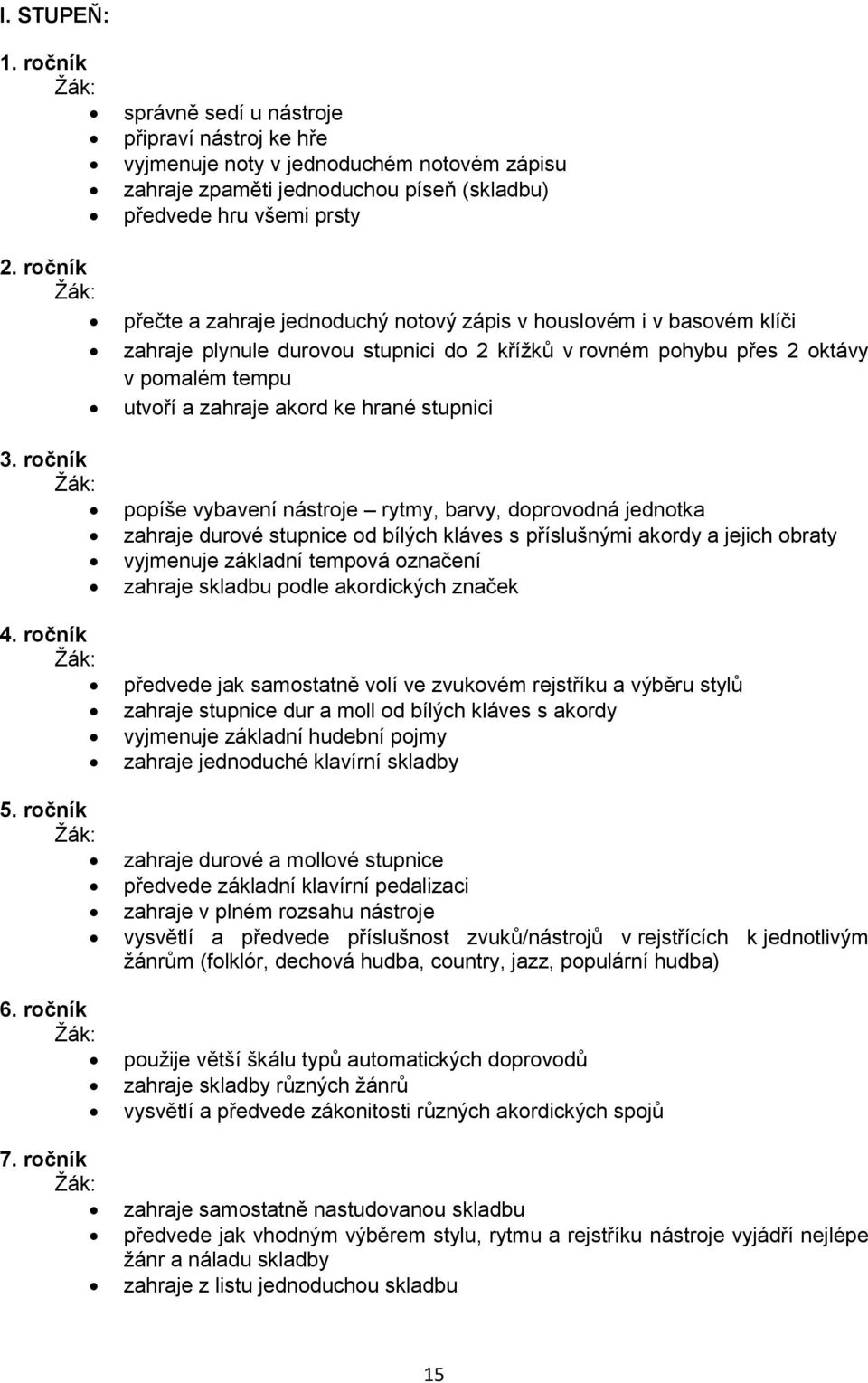 notový zápis v houslovém i v basovém klíči zahraje plynule durovou stupnici do 2 křížků v rovném pohybu přes 2 oktávy v pomalém tempu utvoří a zahraje akord ke hrané stupnici popíše vybavení nástroje