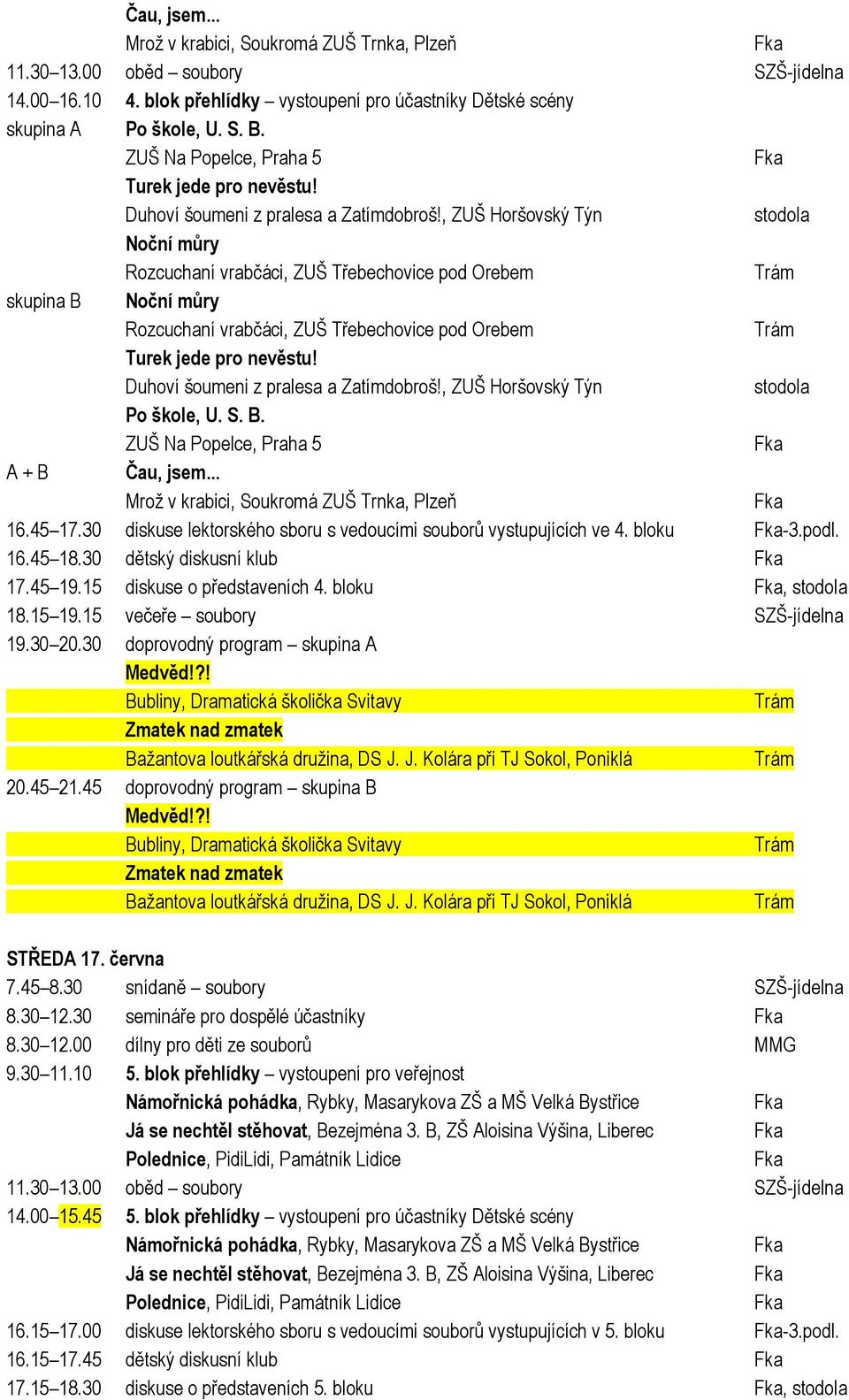 podl. 16.45 18.30 dětský diskusní klub 17.45 19.15 diskuse o představeních 4. bloku, 18.15 19.15 večeře soubory -jídelna 19.30 20.30 doprovodný program skupina A Medvěd!
