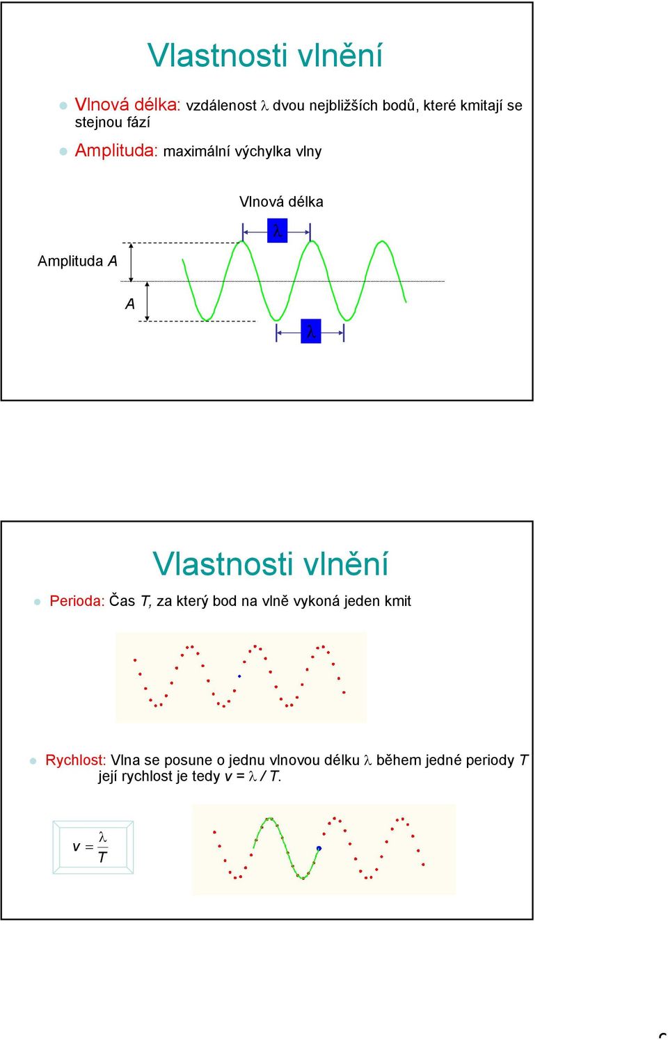 Vlastnosti vlnění Perioda: Čas T, za který bod na vlně vykoná jeden kmit Rychlost: