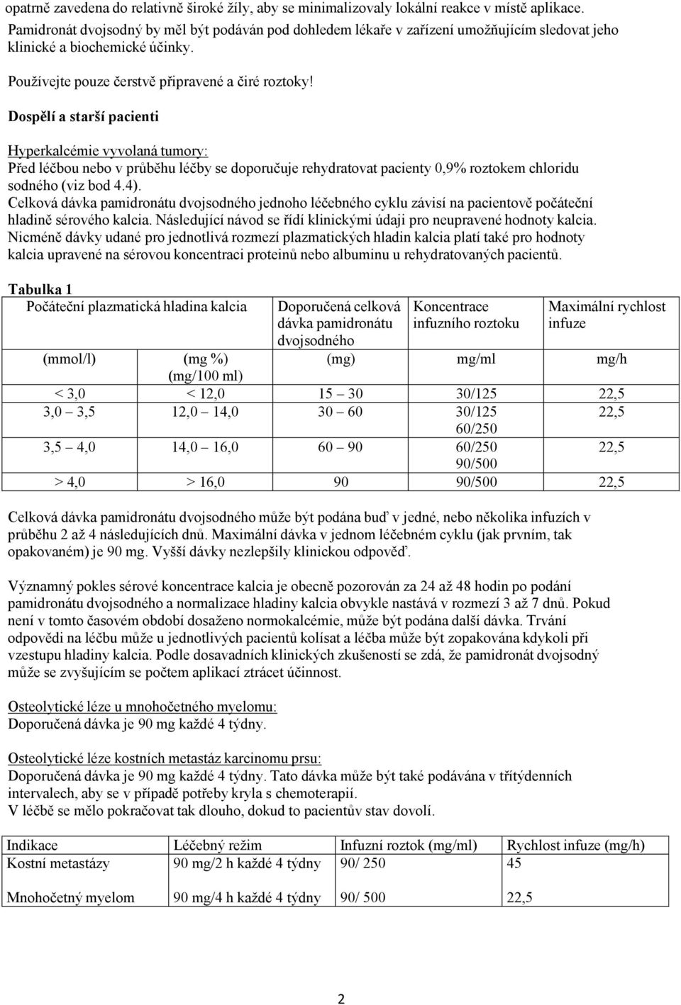 Dospělí a starší pacienti Hyperkalcémie vyvolaná tumory: Před léčbou nebo v průběhu léčby se doporučuje rehydratovat pacienty 0,9% roztokem chloridu sodného (viz bod 4.4).