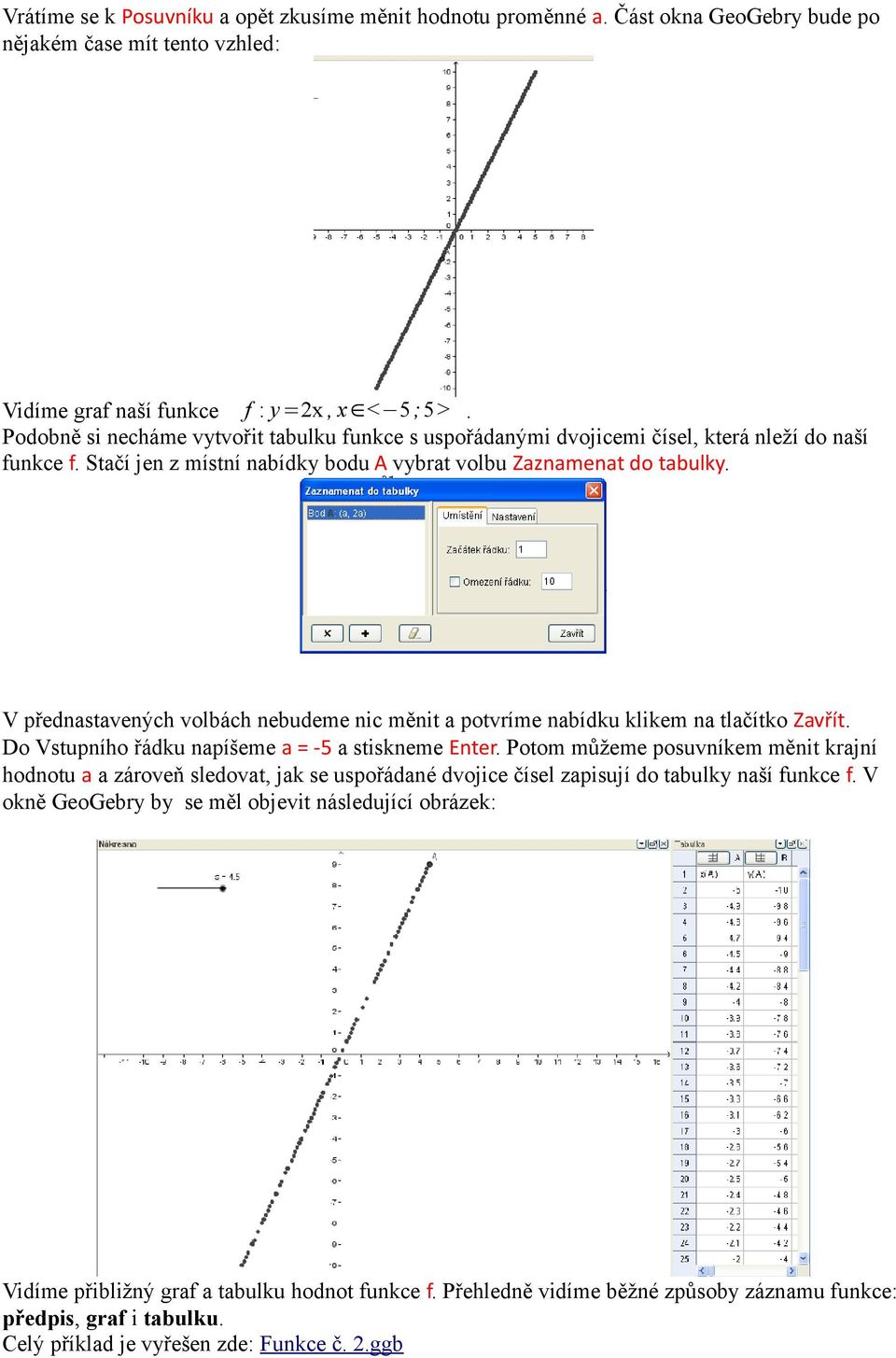 V přednastavených volbách nebudeme nic měnit a potvríme nabídku klikem na tlačítko Zavřít. Do Vstupního řádku napíšeme a = -5 a stiskneme Enter.