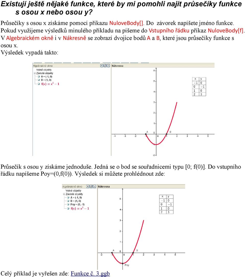 V Algebraickém okně i v Nákresně se zobrazí dvojice bodů A a B, které jsou průsečíky funkce s osou x.