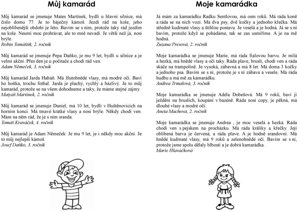 ročník Můj kamarád se jmenuje Pepa Daňko, je mu 9 let, bydlí u silnice a je velmi akční. Přes den je u počítače a chodí rád ven. Adam Němeček, 3. ročník Můj kamarád Jarda Habáň.