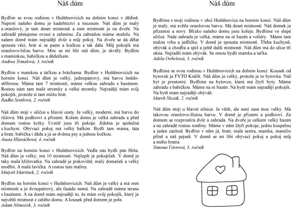 Můj pokojík má oranžovo-bílou barvu. Moc se mi líbí náš dům, je skvělý. Bydlím s maminkou, babičkou a dědečkem. Andrea Trmalová, 3. ročník Bydlím s mamkou a taťkou a bráchama.