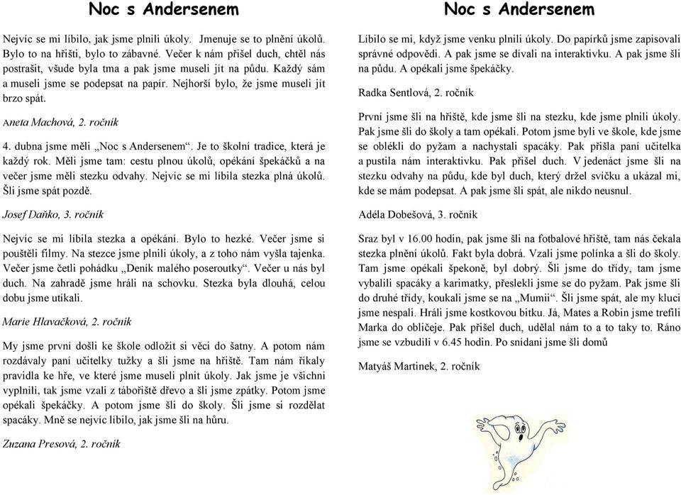 ročník 4. dubna jsme měli Noc s Andersenem. Je to školní tradice, která je každý rok. Měli jsme tam: cestu plnou úkolů, opékání špekáčků a na večer jsme měli stezku odvahy.