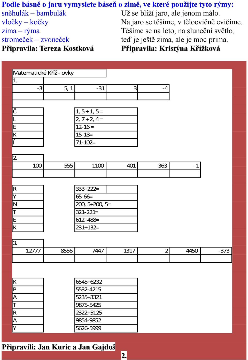 Připravila: Tereza Kostková Připravila: Kristýna Křížková Matematické Kříž - ovky 1. -3 5, 1-31 3-4 Č 1, 5 + 1, 5 = L 2, 7 + 2, 4 = E 12-16 = K 15-18= Í 71-102= 2.