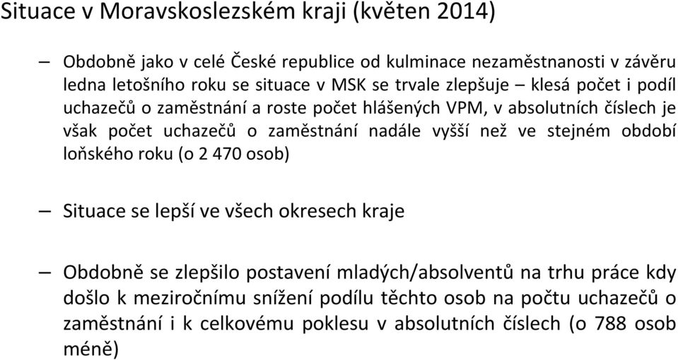 nadále vyšší než ve stejném období loňského roku (o 2 470 osob) Situace se lepší ve všech okresech kraje Obdobně se zlepšilo postavení mladých/absolventů