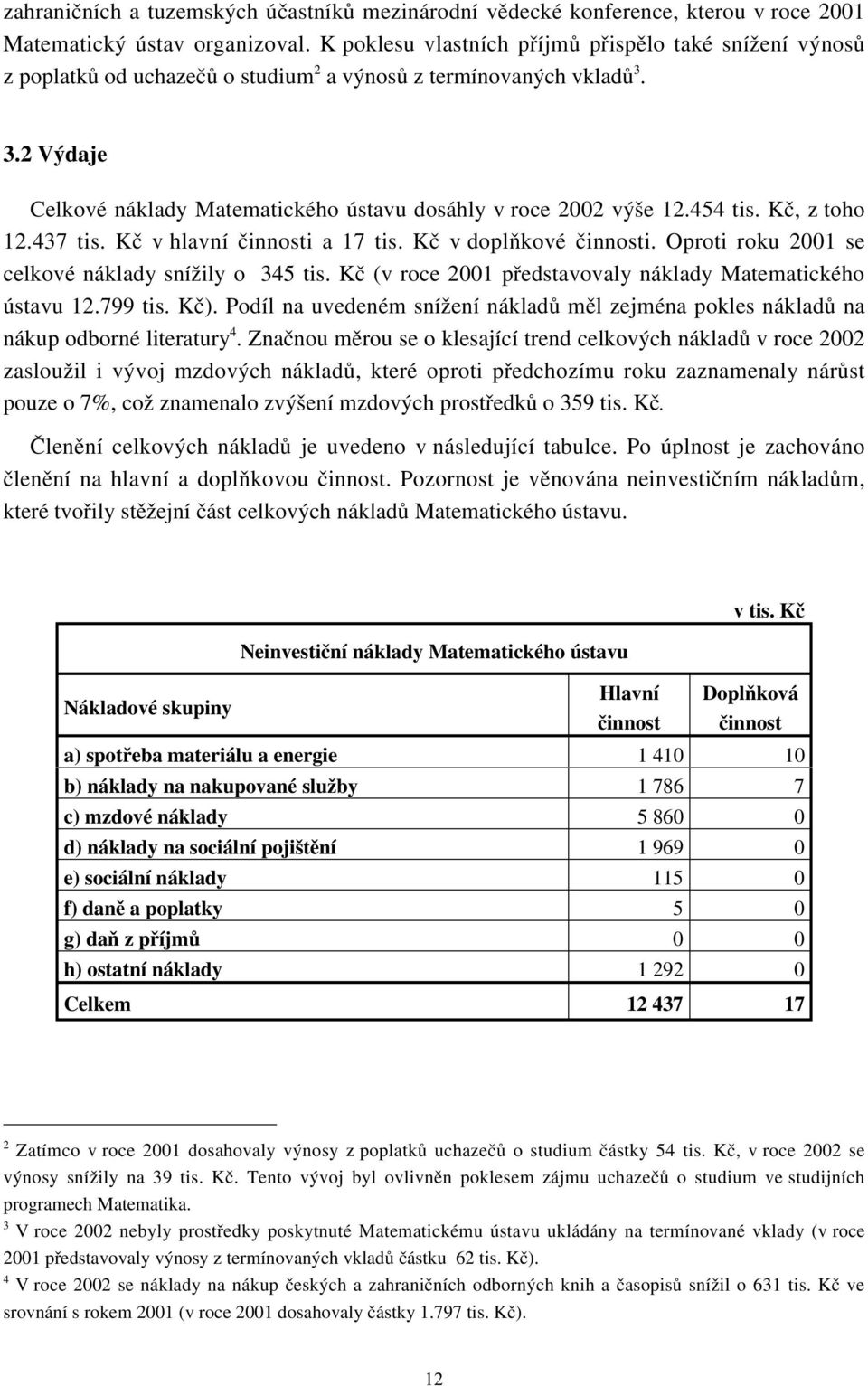 454 tis. Kč, z toho 12.437 tis. Kč v hlavní činnosti a 17 tis. Kč v doplňkové činnosti. Oproti roku 2001 se celkové náklady snížily o 345 tis.